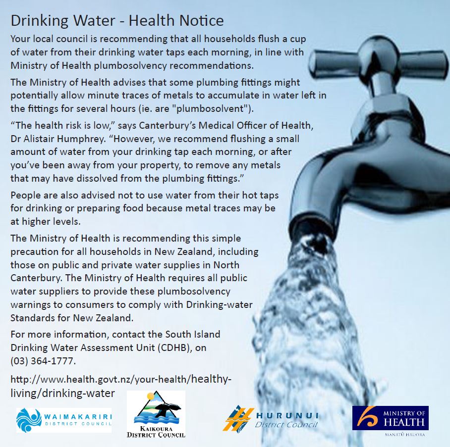 Some plumbing fittings have the potential to allow minute traces of metals to accumulate in water that is standing in the fittings for several hours. The Ministry of Health has a recommendation regarding this.