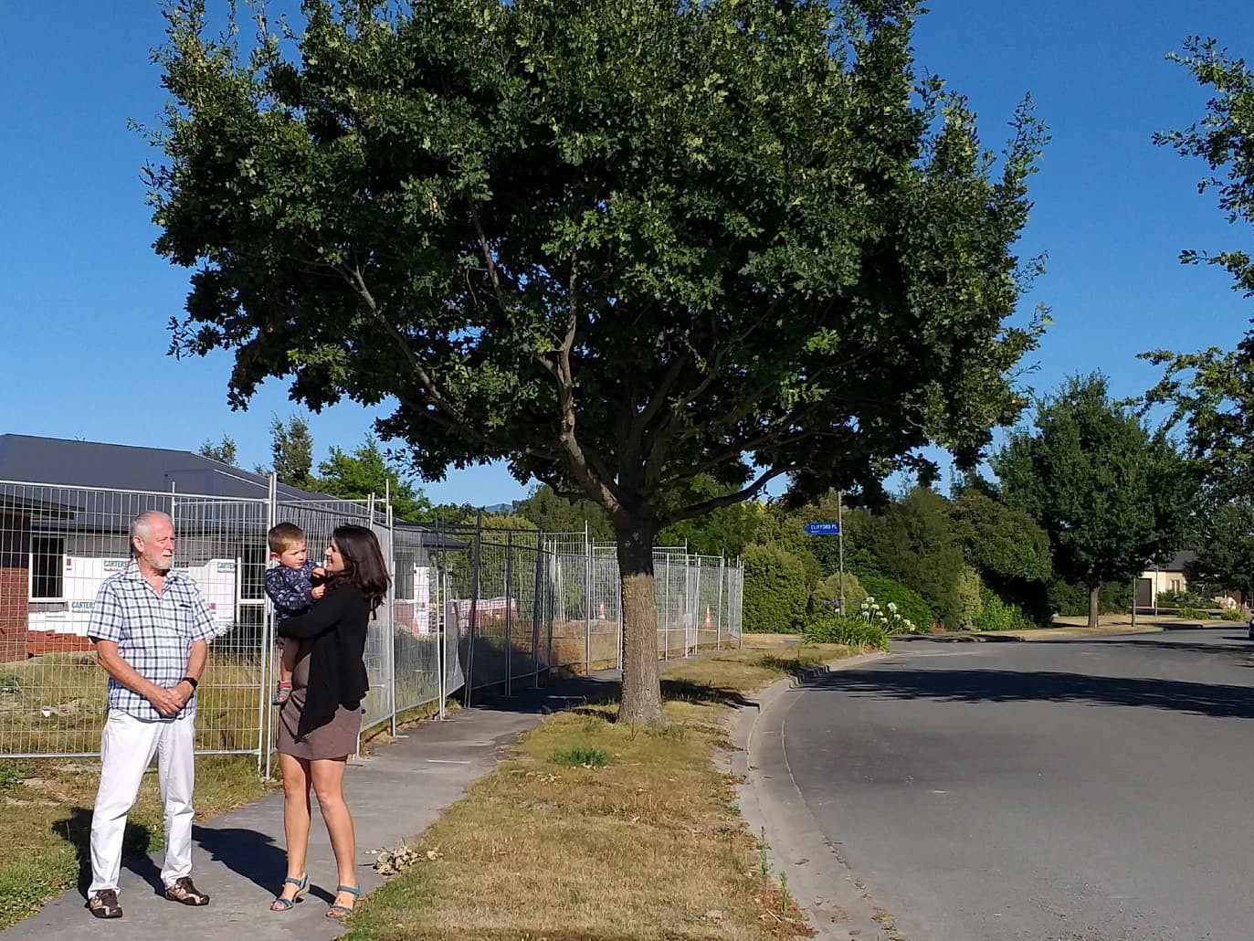 Photo: Cr Michael Ward and Hurunui Road Safety Chair, Cr Julia McLean, talk about how Amberley is growing on the new Johnson Avenue. 