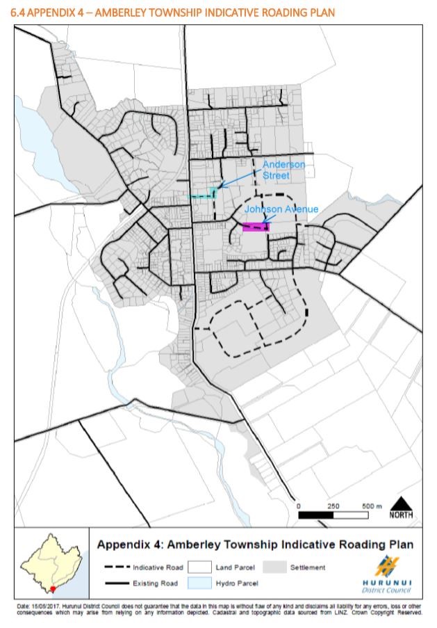 Map of Amberley (adjusted to highlight the mentioned new streets) from the Amberley Township Indicative Roading Plan. 