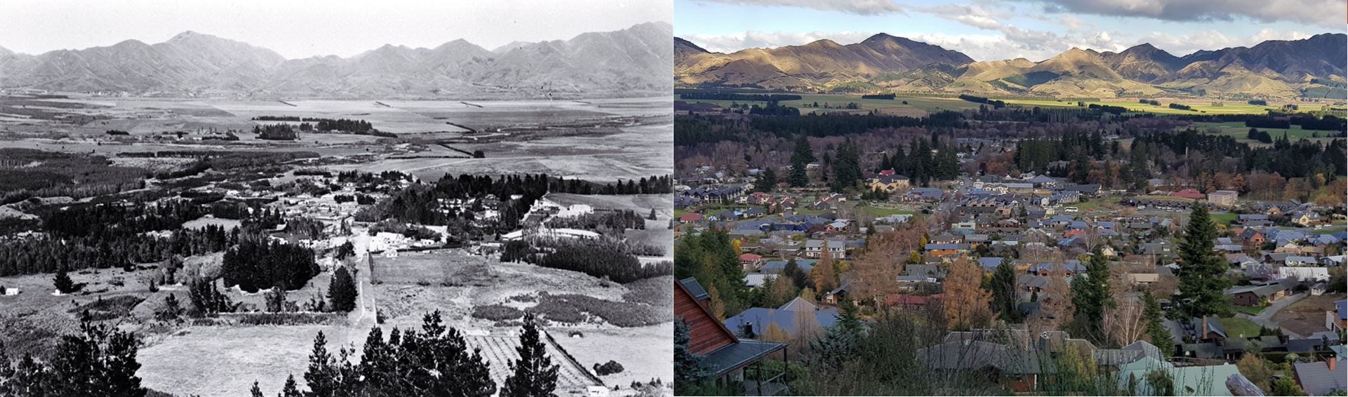 Historical v current photo of Hanmer Springs from Conical Hill